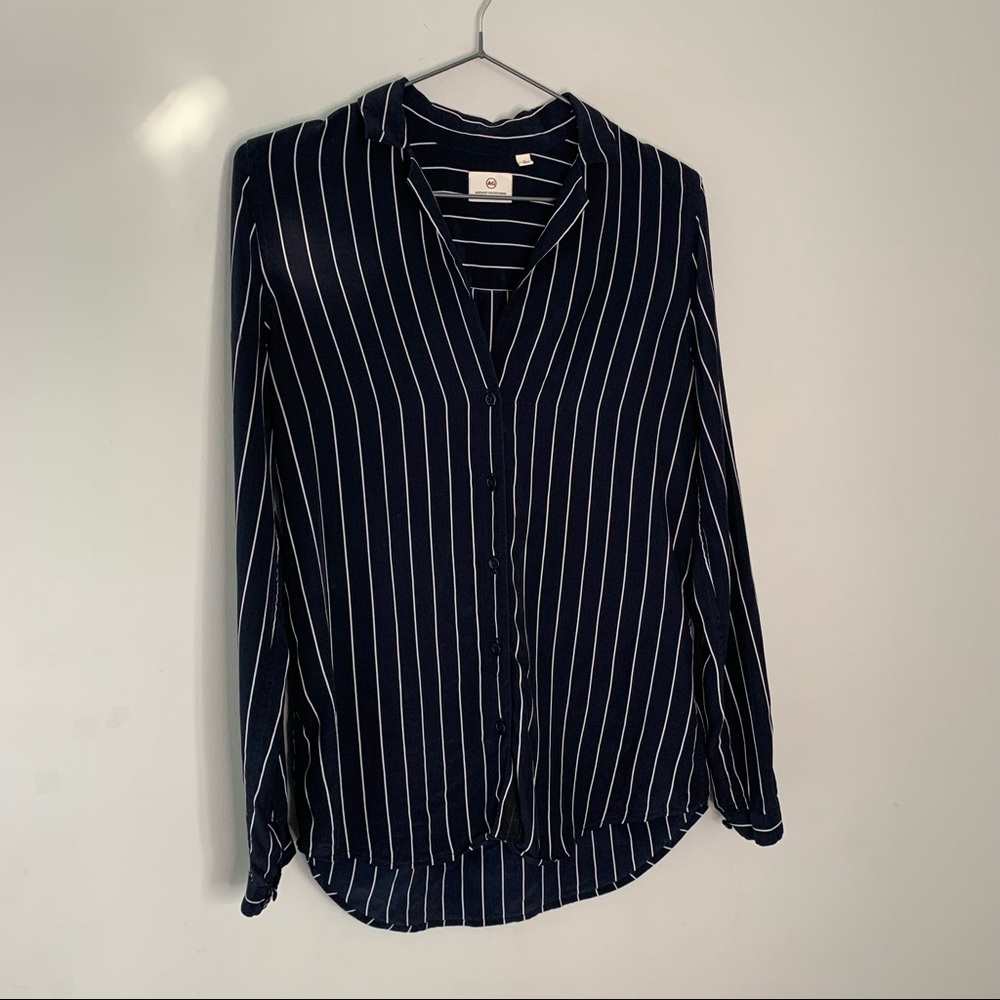 Adriano Goldschmied Silk Navy Blue Vertical Stripe Relaxed Button Up Blouse
